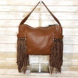 Sabina Y2K Brown Pebble Grain Leather Fringe Shoulder Bag Western Festival Rodeo
